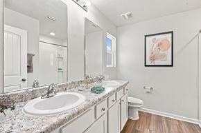 Pensacola apartment for rent - A bathroom with a marble countertop and a large mirror.