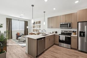 Henderson apartment for rent - A modern kitchen with wooden cabinets and stainless steel appliances.