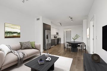 Miami apartment for rent - A modern living room with a grey couch and a coffee table.