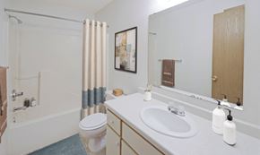 Blaine apartment for rent - A bathroom with a toilet, sink, and shower.