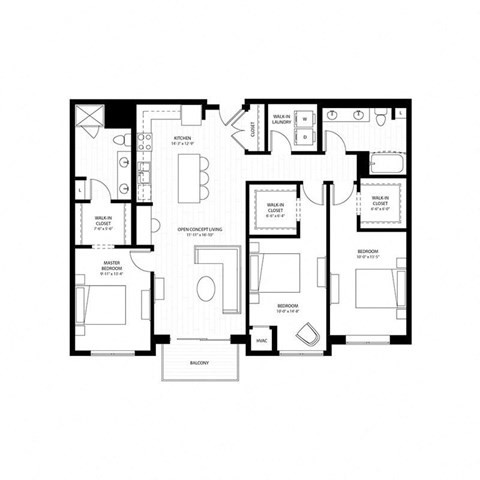 Floor plan for 3 beds, 2 baths, 1383 sqft