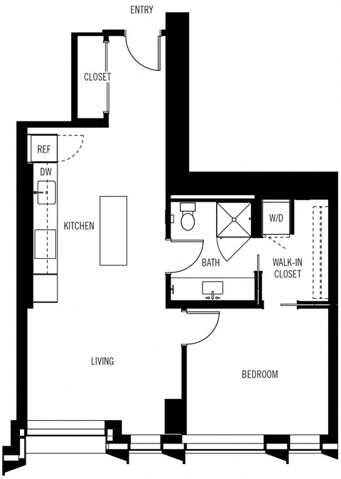 Floor plan for 1 bed, 1 bath, 777 sqft