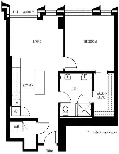 Floor plan for 1 bed, 1 bath, 820 sqft