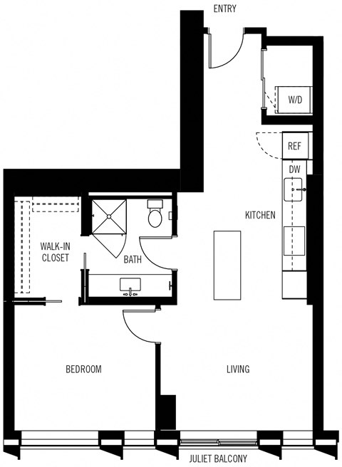 Floor plan for 1 bed, 1 bath, 745 sqft