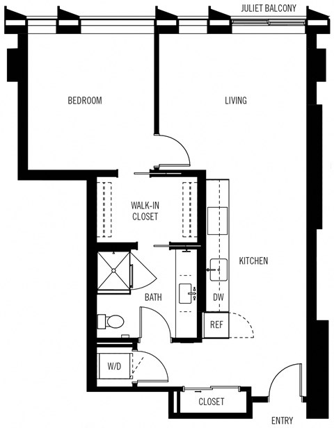 Floor plan for 1 bed, 1 bath, 834 sqft