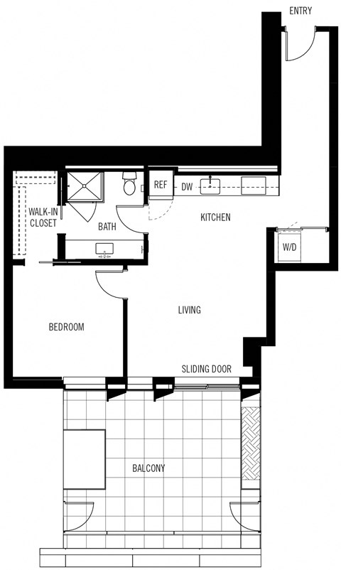 Floor plan for 1 bed, 1 bath, 779 sqft