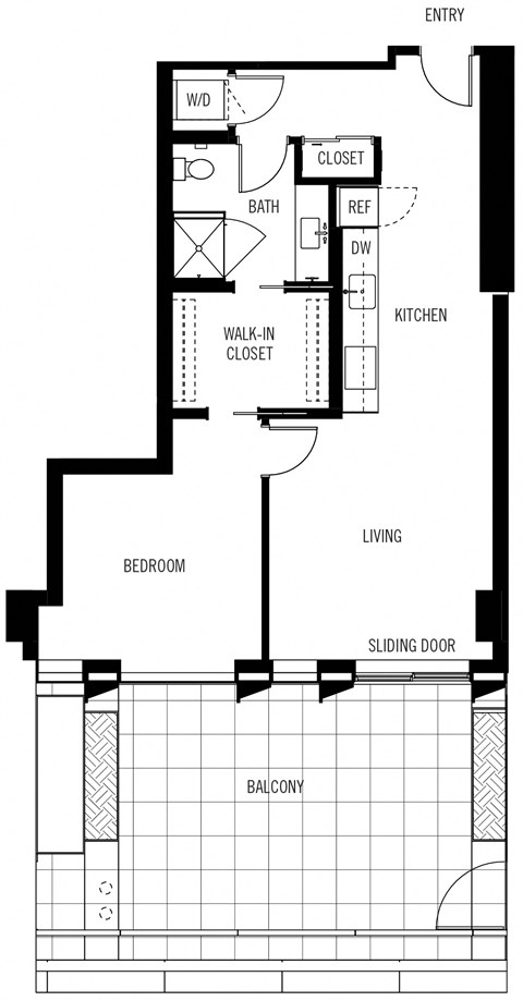 Floor plan for 1 bed, 1 bath, 791 sqft