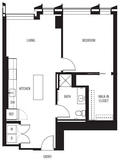 Floor plan for 1 bed, 1 bath, 818 sqft