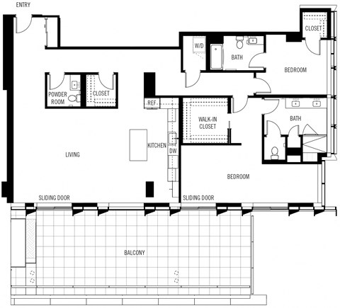 Floor plan for 2 beds, 2.5 baths, 2050 sqft