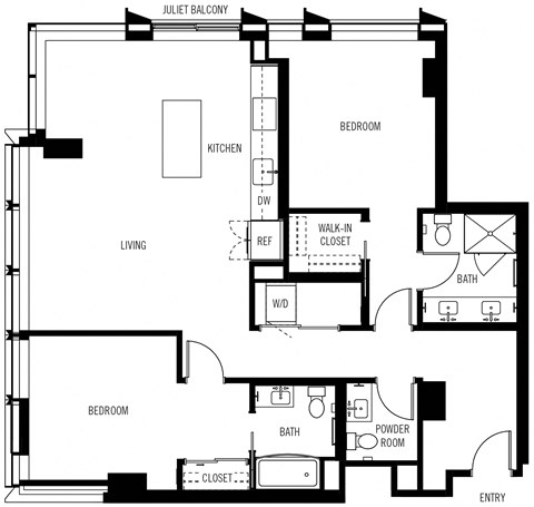 Floor plan for 2 beds, 2.5 baths, 1295 sqft