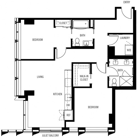 Floor plan for 2 beds, 2 baths, 1108 sqft