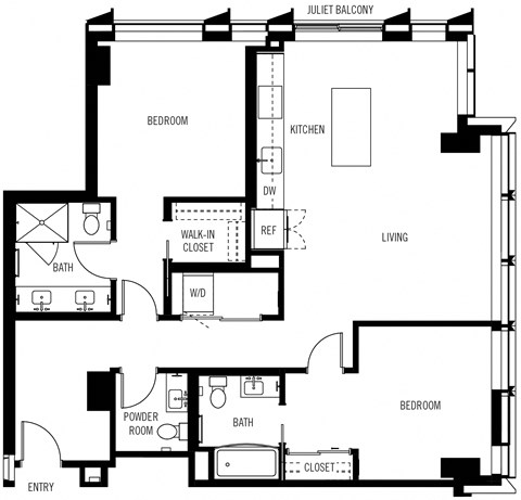 Floor plan for 2 beds, 2.5 baths, 1209 sqft