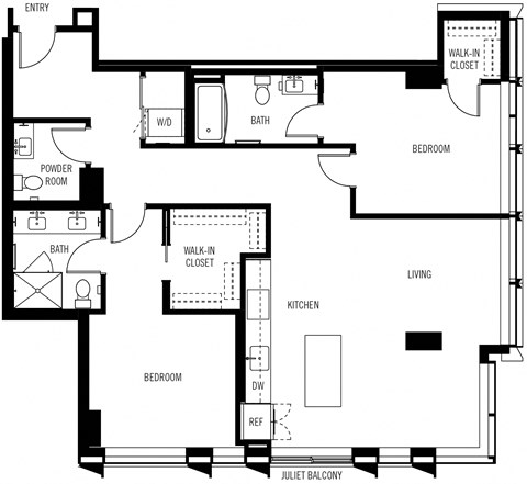 Floor plan for 2 beds, 2.5 baths, 1355 sqft