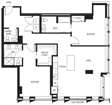 Floor plan for 2 beds, 2.5 baths, 1355 sqft