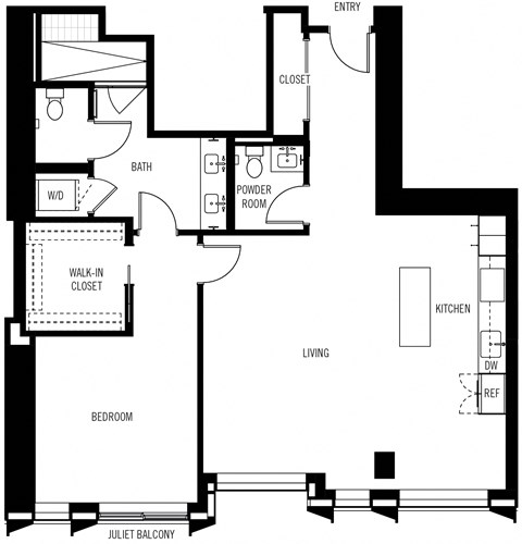 Floor plan for 1 bed, 1.5 baths, 1147 sqft