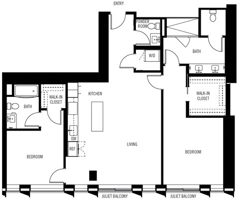 Floor plan for 2 beds, 2.5 baths, 1364 sqft