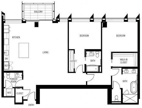 Floor plan for 2 beds, 2.5 baths, 1660 sqft
