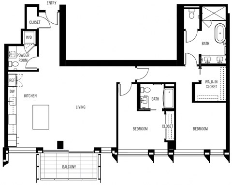 Floor plan for 2 beds, 2.5 baths, 1522 sqft