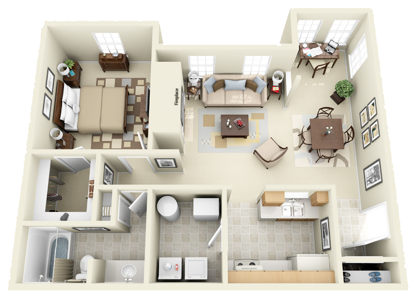 Floor plan for 1 bed, 1 bath, 950 sqft