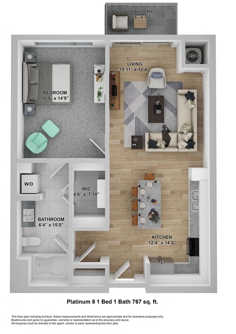 Floor plan for 1 bed, 1 bath, 767 sqft
