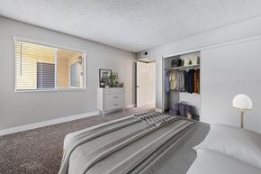 Colton apartment for rent - Colton, CA, Apartments Near Loma Linda University Medical Center - Ardella at Reche Canyon - Bedroom Features A Bed With Neutral Bedding, Plush Carpet, A Large Window With Blinds, And A Dresser.