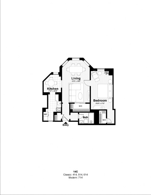 Floor plan for 1 bed, 1 bath, 734 sqft