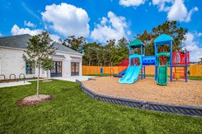 Humble townhouse for rent - Dog-Friendly Homes for Rent in Humble, TX - Edgewater at the Lagoon - Playground with Slides, Climbing Areas, Woodchips, Well-Maintained Grass, and Surrounding Fence