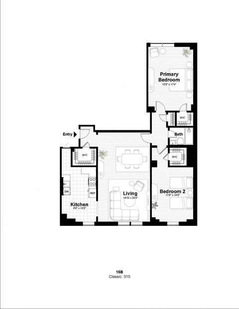 Floor plan for 2 beds, 1 bath, 1225 sqft