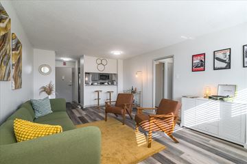 Memphis apartment for rent - A living room with a green couch and a wooden chair.