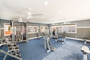 Colton apartment for rent - Colton, CA, Apartments for Rent - Ardella at Reche Canyon - Fitness Center Equipped With Weight Machines, A Dumbbell Rack, Benches, Blue Flooring, Ceiling Fans, And Large Windows.