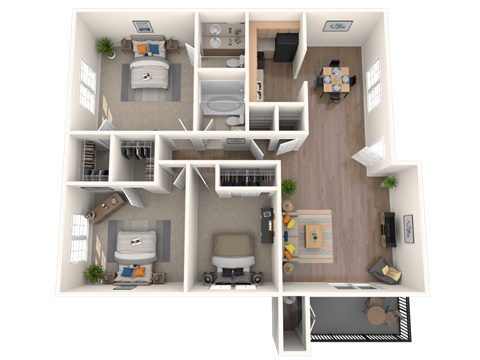 Floor plan for 3 beds, 2 baths, 1300 sqft