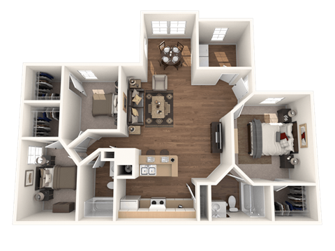 Floor plan for 3 beds, 2 baths, 1100 sqft