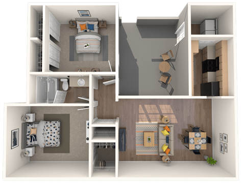 Floor plan for 2 beds, 1 bath, 909 sqft