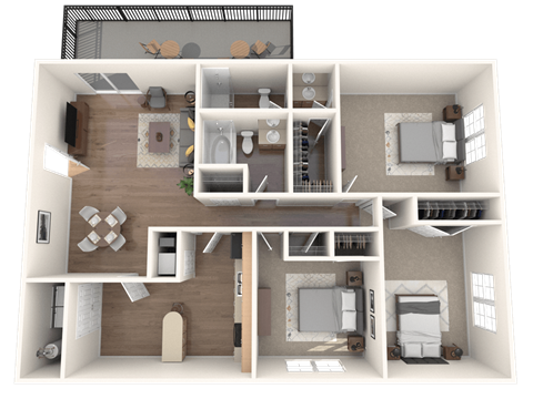 Floor plan for 3 beds, 2 baths, 1253 sqft