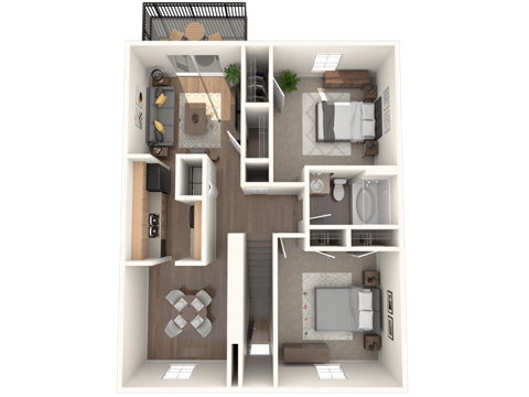 Floor plan for 2 beds, 1 bath, 975 sqft