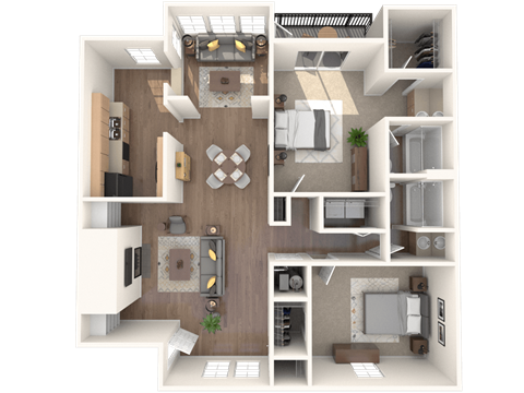 Floor plan for 2 beds, 2 baths, 1355 sqft