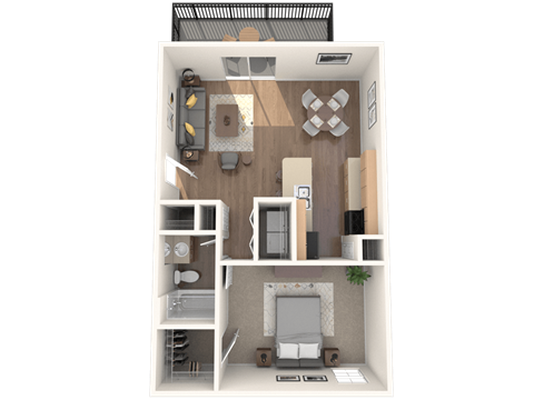 Floor plan for 1 bed, 1 bath, 728 sqft