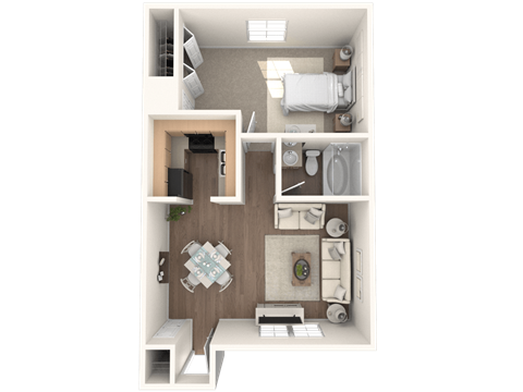 Floor plan for 1 bed, 1 bath, 665 sqft