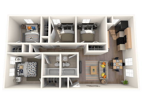 Floor plan for 4 beds, 2 baths, 1077 sqft