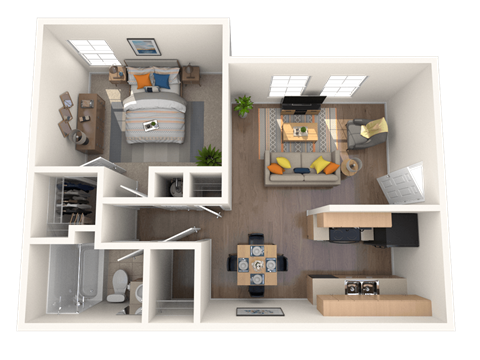 Floor plan for 1 bed, 1 bath, 614 sqft