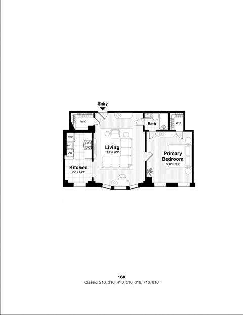 Floor plan for 1 bed, 1 bath, 688 sqft