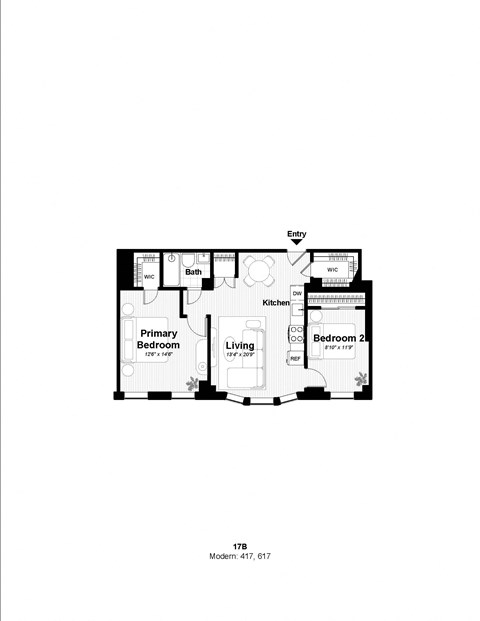 Floor plan for 2 beds, 1 bath, 676 sqft