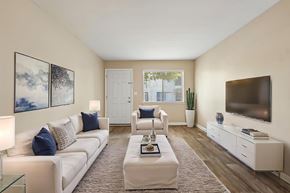 Charlotte apartment for rent - A living room with a white couch, a coffee table, and a television.