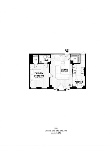 Floor plan for 1 bed, 1 bath, 667 sqft