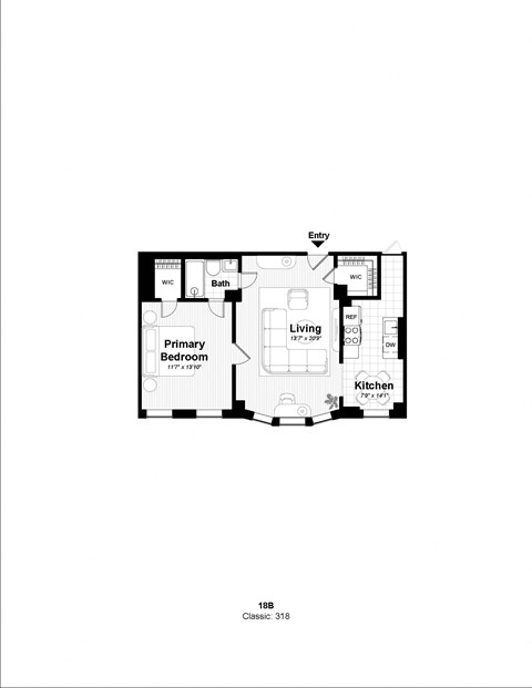Floor plan for 1 bed, 1 bath, 676 sqft