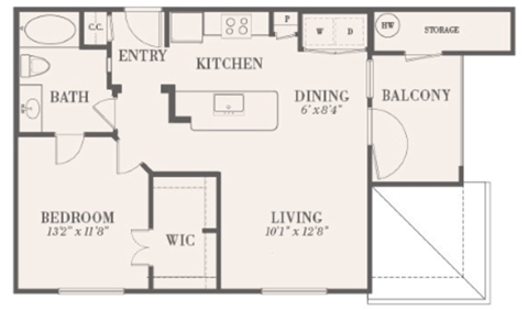 Floor plan for 1 bed, 1 bath, 720 sqft
