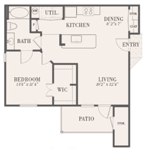 Floor plan for 1 bed, 1 bath, 728 sqft