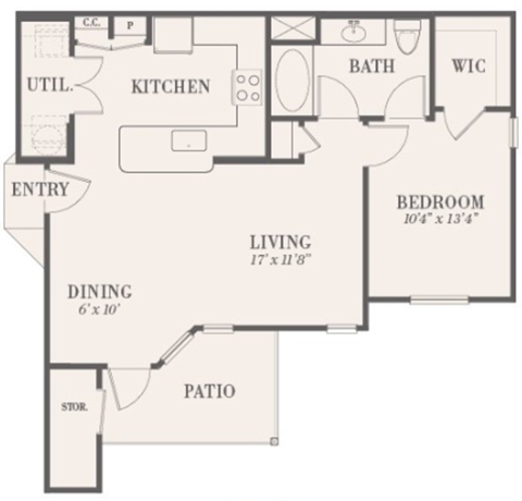 Floor plan for 1 bed, 1 bath, 756 sqft