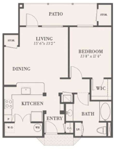 Floor plan for 1 bed, 1 bath, 779 sqft