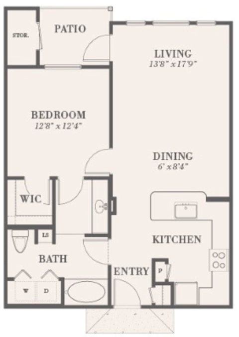 Floor plan for 1 bed, 1 bath, 789 sqft